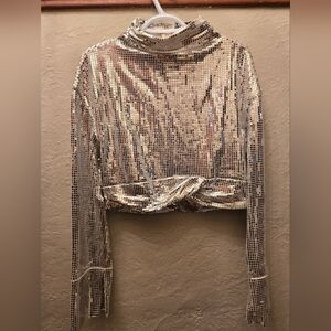 ZARA Silver Mirror Sequin Crop Top Disco Party L